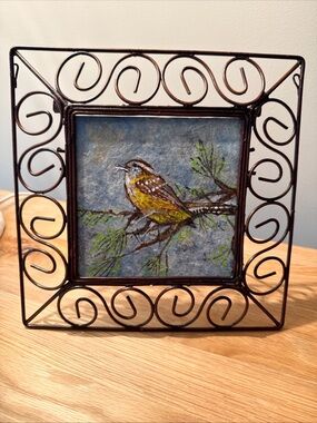 San Marino Handpainted Italian Bird Art Tile  in Iron Scroll Frame